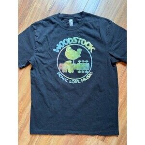 Woodstock Peace Love Music Guitar T Shirt Black LRG Music Concert Festival‎ EUC